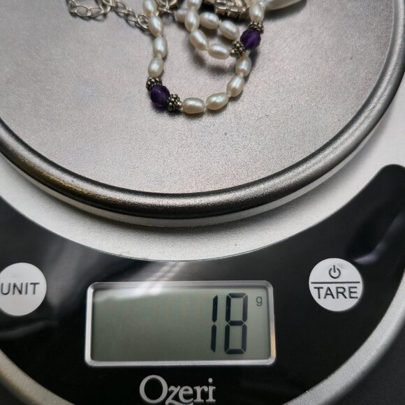 16.5 + 3 Inch Sterling Silver Pearls And Amethyst Stones Necklace B1006 - Picture 7 of 7